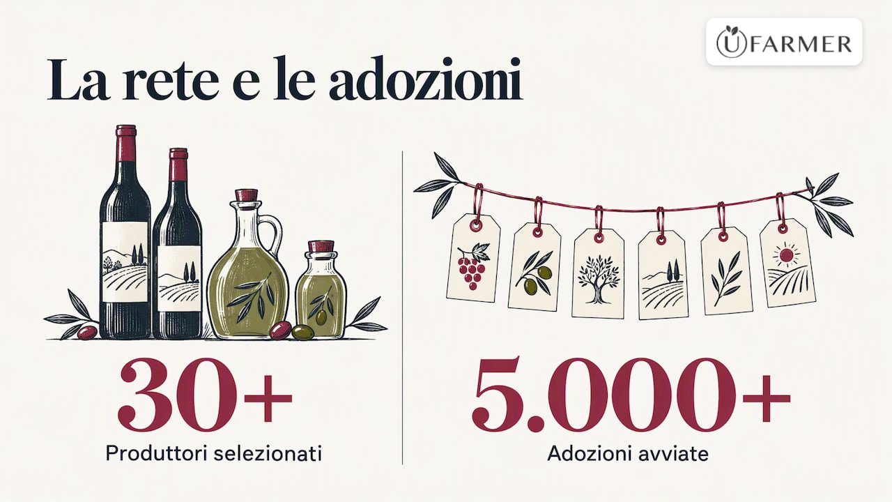 Infografica UFarmer: 30+ produttori selezionati e 5.000+ adozioni avviate