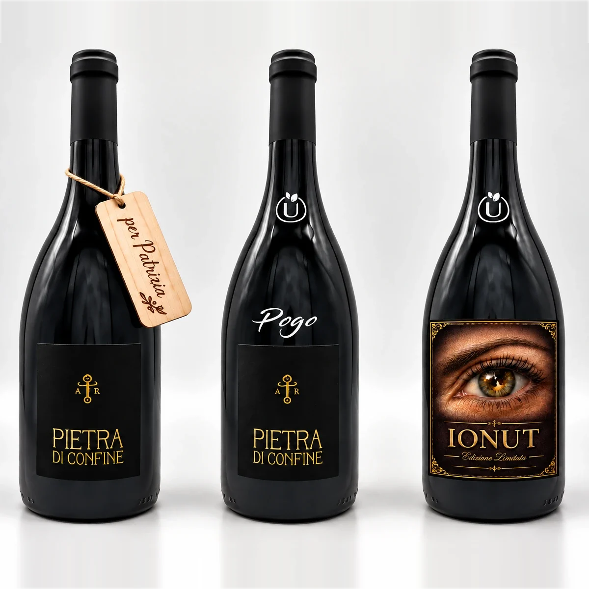 Tre bottiglie personalizzate: tag in legno con dedica, scritta in vinile ed etichetta personale
